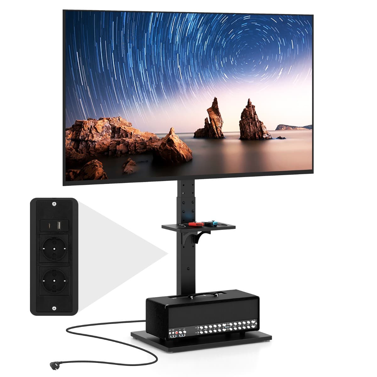 CostwaySupport TV au Sol avec Prise Secteur Support Universel pour TV de 32-70 Pouces Jusqu'à 50kg Inclinable Réglable en Hauteur Noir