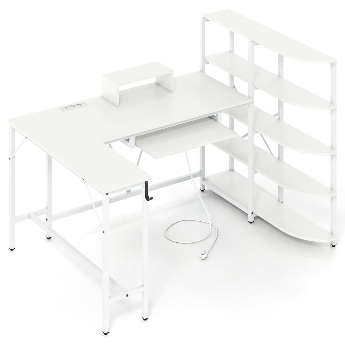 CostwayBureau en L avec Étagères de Rangement Bureau d’Ordinateur d’Angle avec Station de Charge Bureau de Jeu avec Support 160*108*109cm Blanc