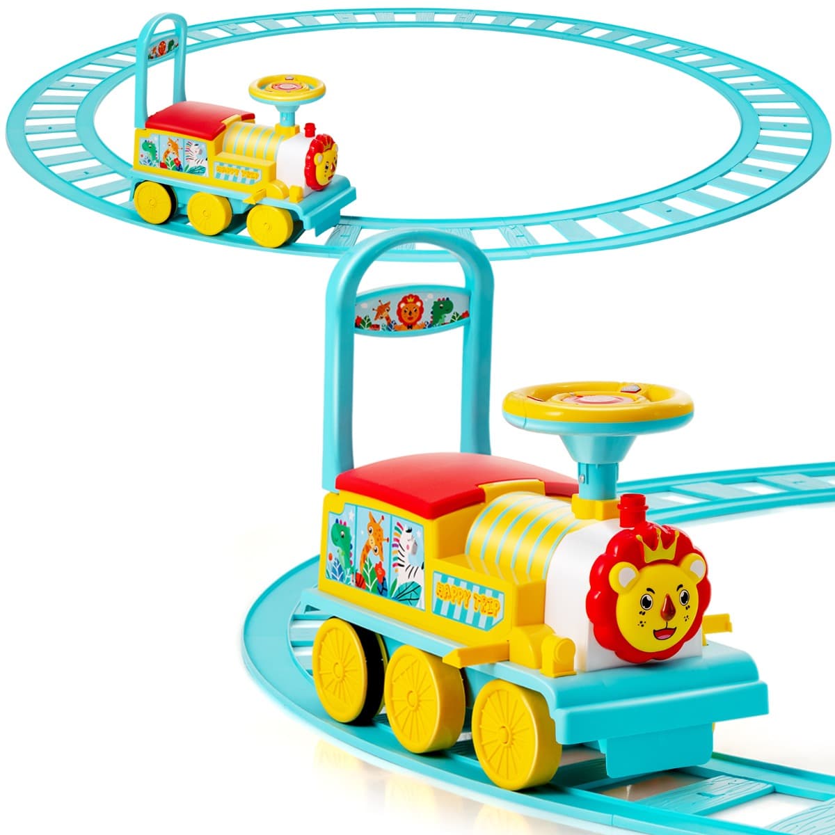 CostwayTrain Electrique pour Enfants -16 Accessoires de Rails Cadeau de Noël Pour Tout-petits 3+ ans Bleu