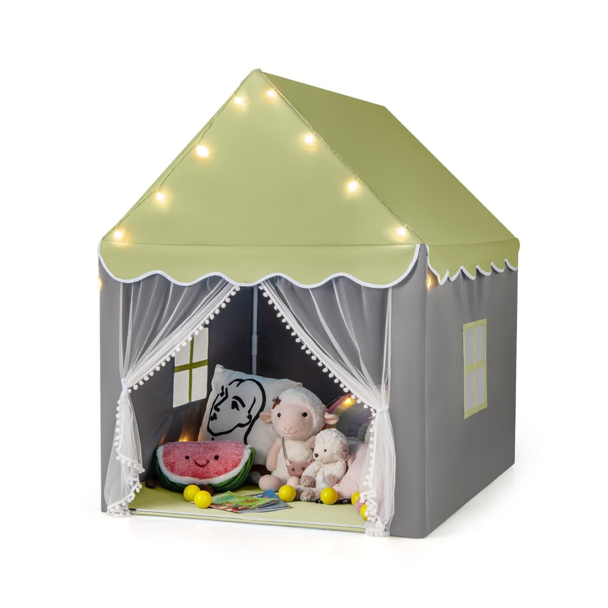 CostwayTente de Jeux pour Enfants Cabane Enfant Interieur avec Tapis Lavable Lumières Étoiles 105 x 121 x 136 cm Vert